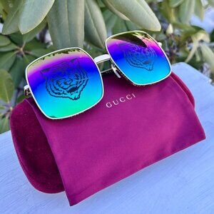 Gucci GG0414S 002 Square-Frame Gold Multicolor Tiger Sunglasses w/ Case